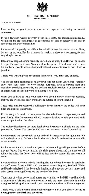 Prime Minister's letter to the nation on Coronavirus